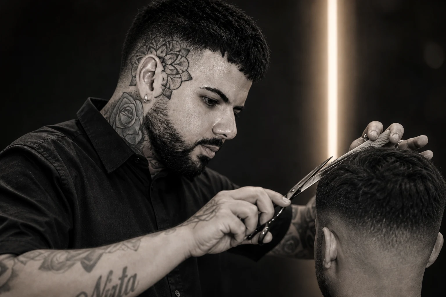 Editorial image of Juani refining a client's haircut with scissors and comb