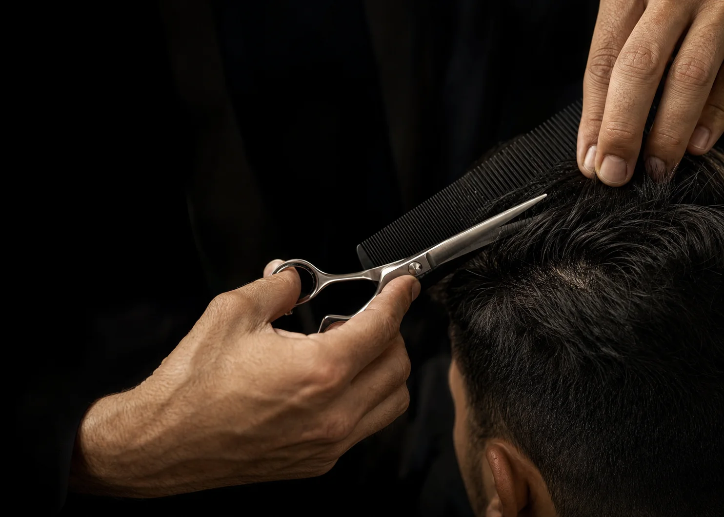 Barber refining a precision haircut with scissors and comb