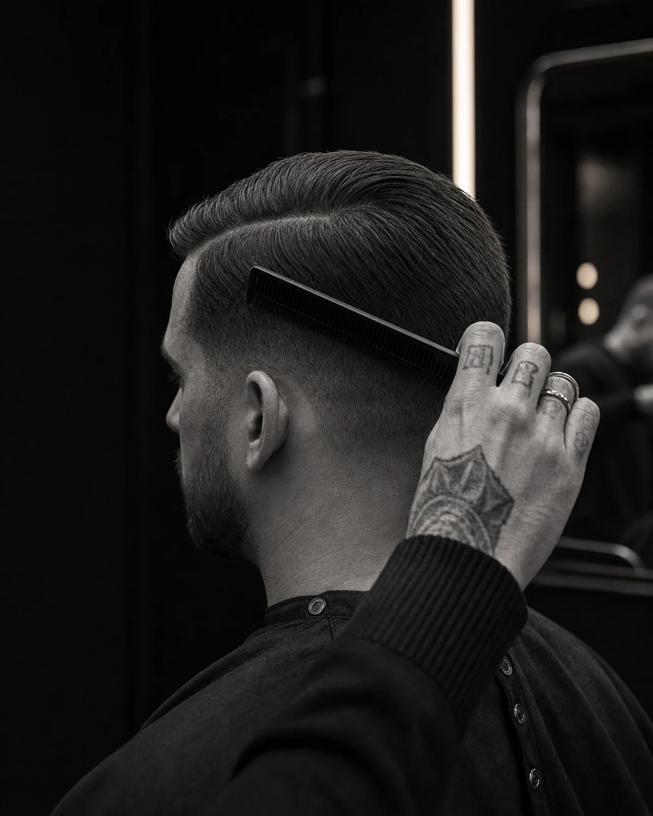 Classic side part with a low taper and clean combed finish