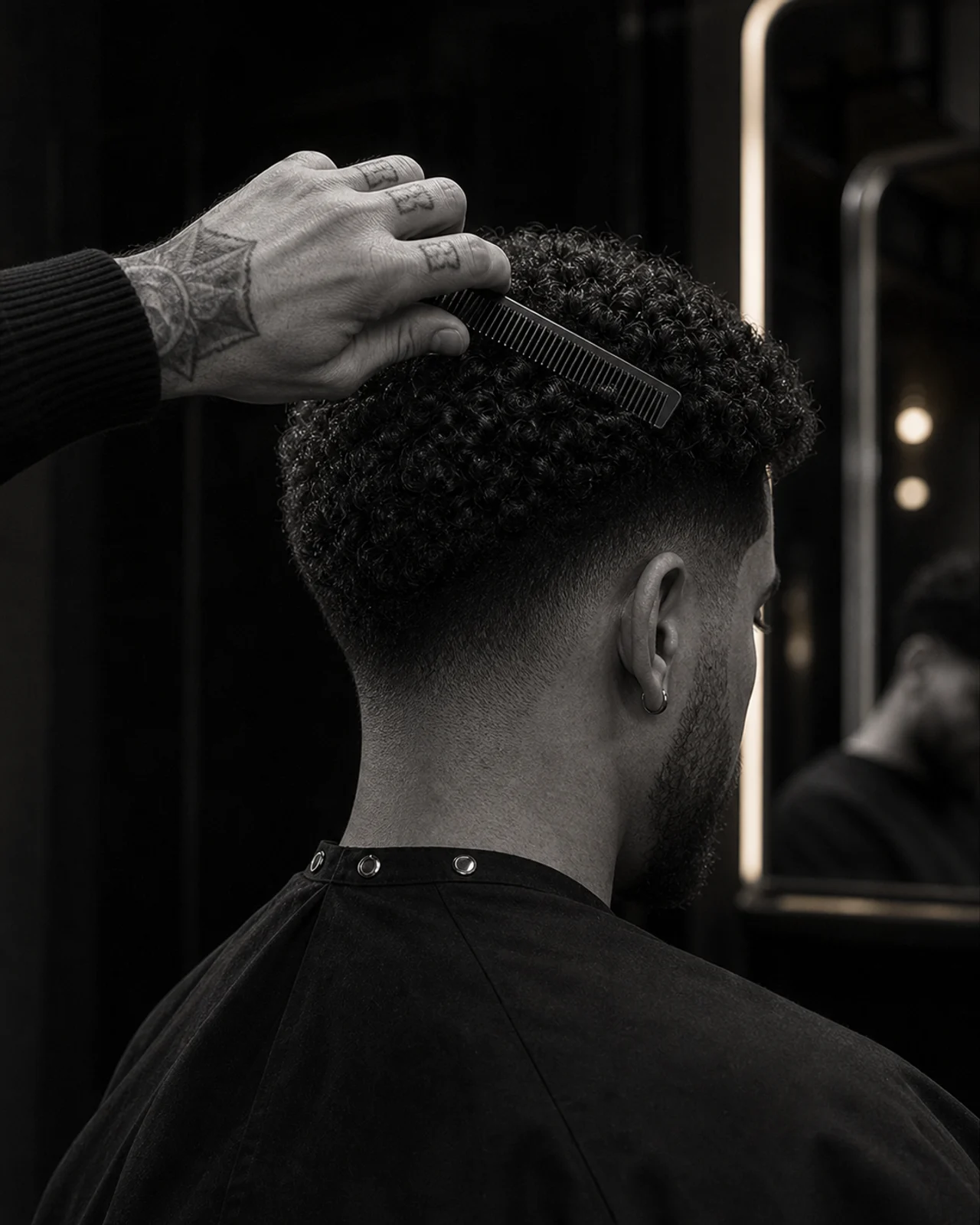 Natural curls shaped over a clean low taper at the neck and ears