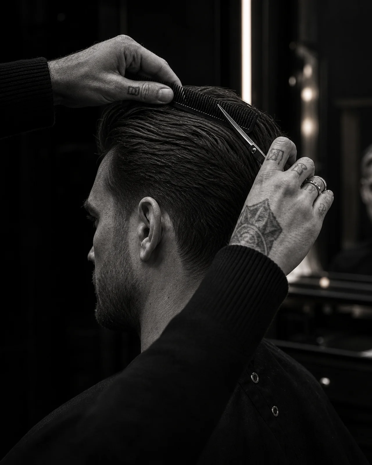 Medium-length scissor cut brushed back with a soft taper
